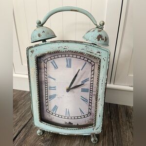 Vintage Style Distressed Turquoise Metal Table Clock Battery Operated
